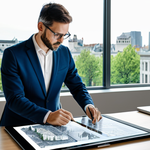 Home 6 A professional landscape designer, fully clothed in a modest business suit, intently focused on a large digital design tablet, with architectural plans and botanical sketches laid out on a clean, modern desk. In the background, a large window reveals a thriving urban green space designed with sustainable principles. The atmosphere is calm and dedicated, showcasing the blend of art and science in their work. Perfect anatomy, correct proportions, natural pose, well-formed hands, proper finger count, natural body proportions. Professional photography, high quality, soft natural light, detailed, realistic. Safe for work, appropriate content, fully clothed, professional, family-friendly.