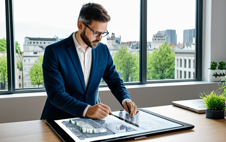 A professional landscape designer, fully clothed in a modest business suit, intently focused on a large digital design tablet, with architectural plans and botanical sketches laid out on a clean, modern desk. In the background, a large window reveals a thriving urban green space designed with sustainable principles. The atmosphere is calm and dedicated, showcasing the blend of art and science in their work. Perfect anatomy, correct proportions, natural pose, well-formed hands, proper finger count, natural body proportions. Professional photography, high quality, soft natural light, detailed, realistic. Safe for work, appropriate content, fully clothed, professional, family-friendly.
