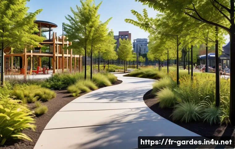 원예디자이너 직무 교육 프로그램 - A vibrant urban park designed by a landscape architect, featuring diverse native plant species, wind...