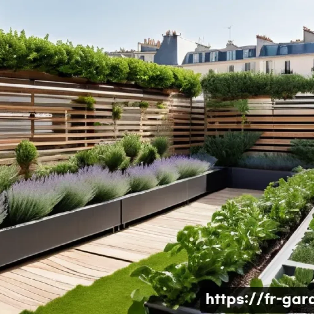 원예디자이너 실무 사례 분석 - A sophisticated urban rooftop garden in central Paris featuring modular raised beds filled with Medi...