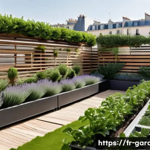 원예디자이너 실무 사례 분석 - A sophisticated urban rooftop garden in central Paris featuring modular raised beds filled with Medi...