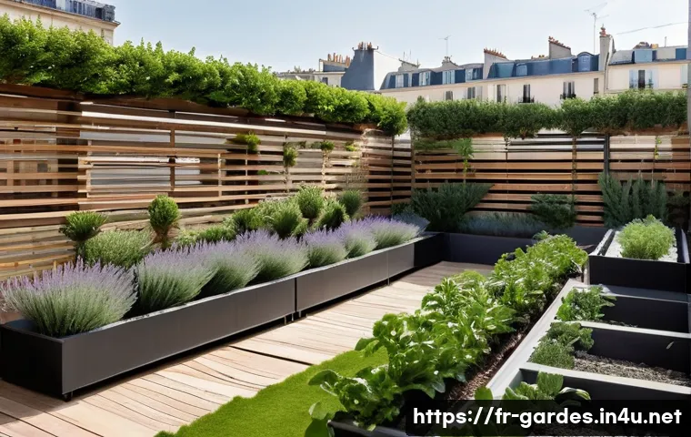 원예디자이너 실무 사례 분석 - A sophisticated urban rooftop garden in central Paris featuring modular raised beds filled with Medi...