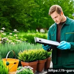 원예디자이너 실기 시험 주의사항 - A professional landscaping examination scene set outdoors in a well-organized workspace, featuring a...
