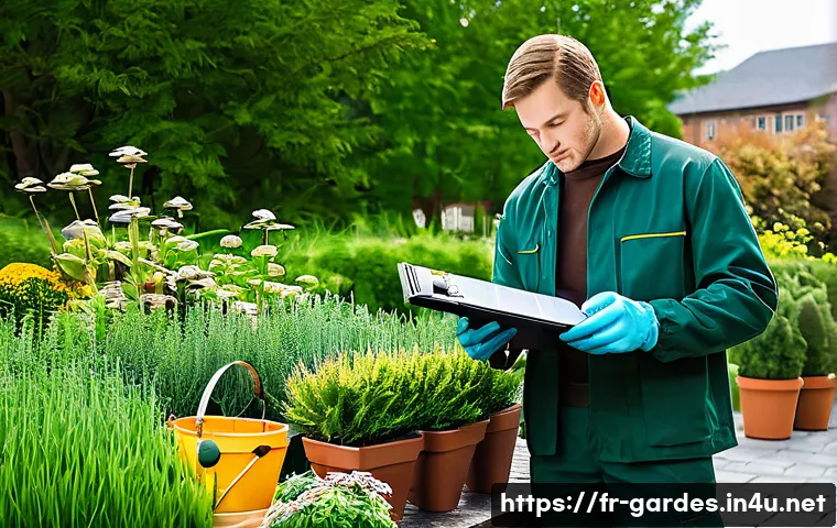 원예디자이너 실기 시험 주의사항 - A professional landscaping examination scene set outdoors in a well-organized workspace, featuring a...
