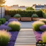 원예디자이너 자격증 학습자료 모음 - A beautifully designed sustainable urban rooftop garden in a French city, showcasing a harmonious ba...