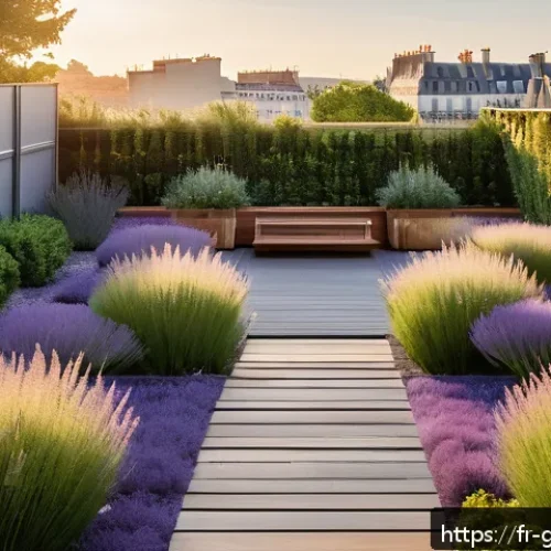 원예디자이너 자격증 학습자료 모음 - A beautifully designed sustainable urban rooftop garden in a French city, showcasing a harmonious ba...