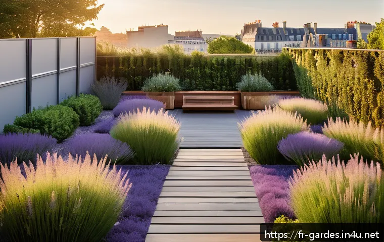 원예디자이너 자격증 학습자료 모음 - A beautifully designed sustainable urban rooftop garden in a French city, showcasing a harmonious ba...