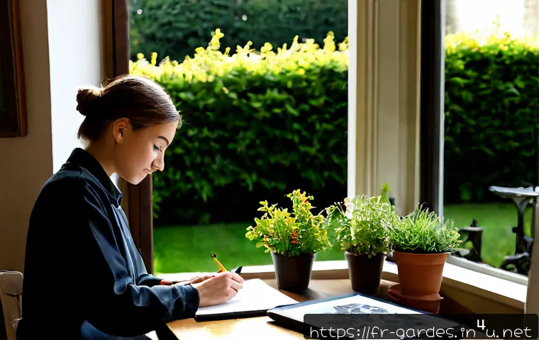 원예디자이너 취업 준비 팁 - Photorealistic French horticultural design student preparing a professional portfolio at a sunlit st...